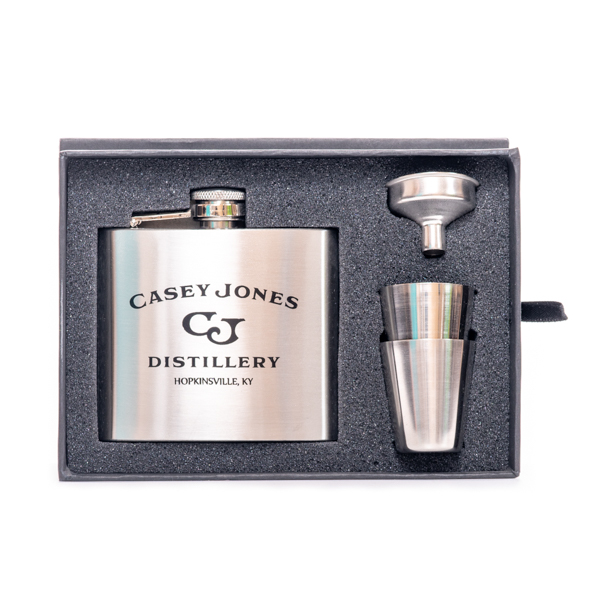Casey Jones Distillery CJ Stainless Steel Flask w/Shot Glass Set
